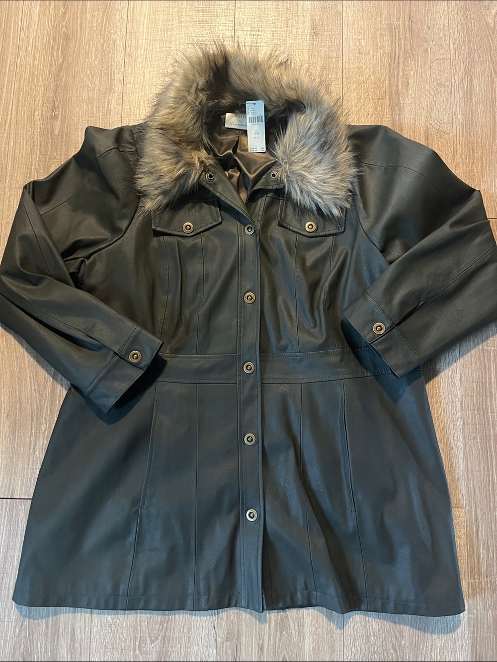 Anthropologie Dark Olive Faux Leather Trench Coat with Faux Fur Collar